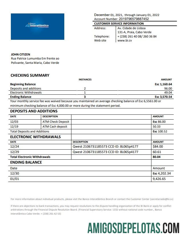 Cabo Verde Banco Inter Atlântico modelo de extrato bancário
